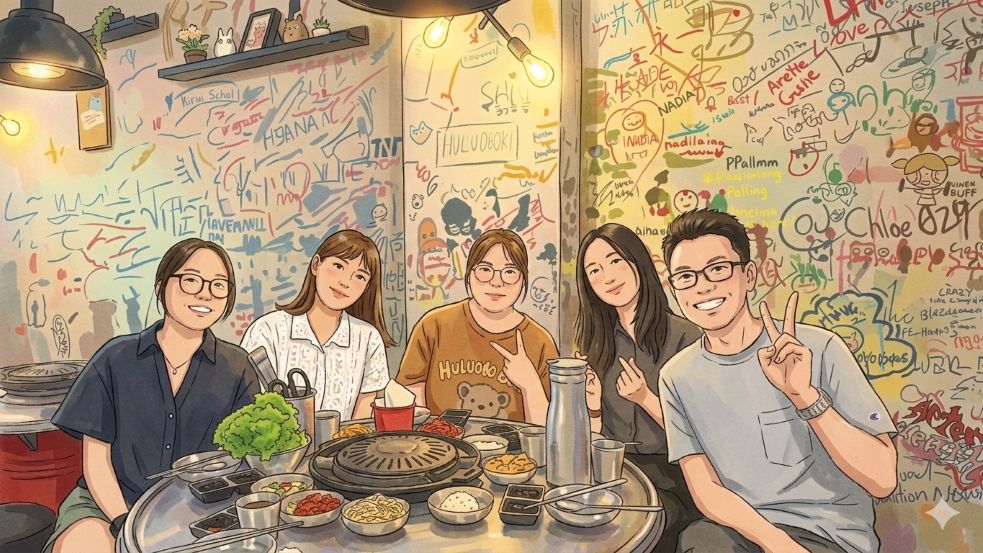 Illustration of five friends sitting around a table in a colorful room with graffiti walls.